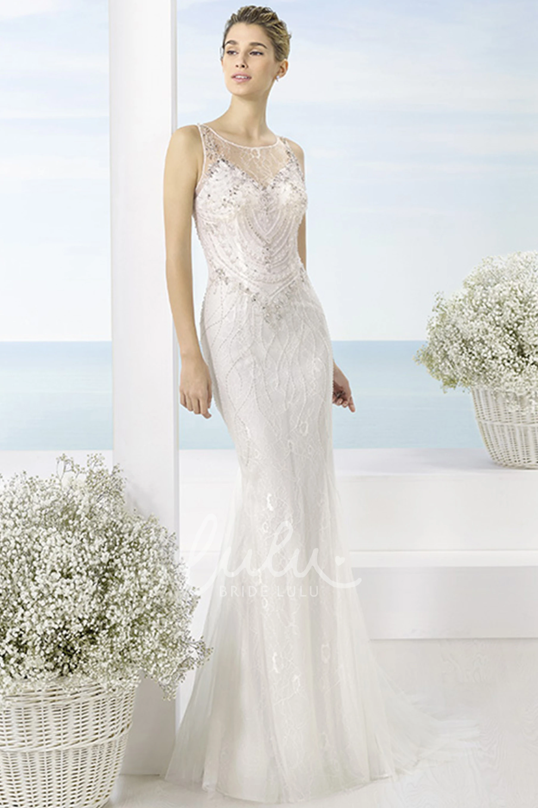 Beaded Tulle Wedding Dress with Illusion Scoop Neckline and Sweep Train Elegant Wedding Dress