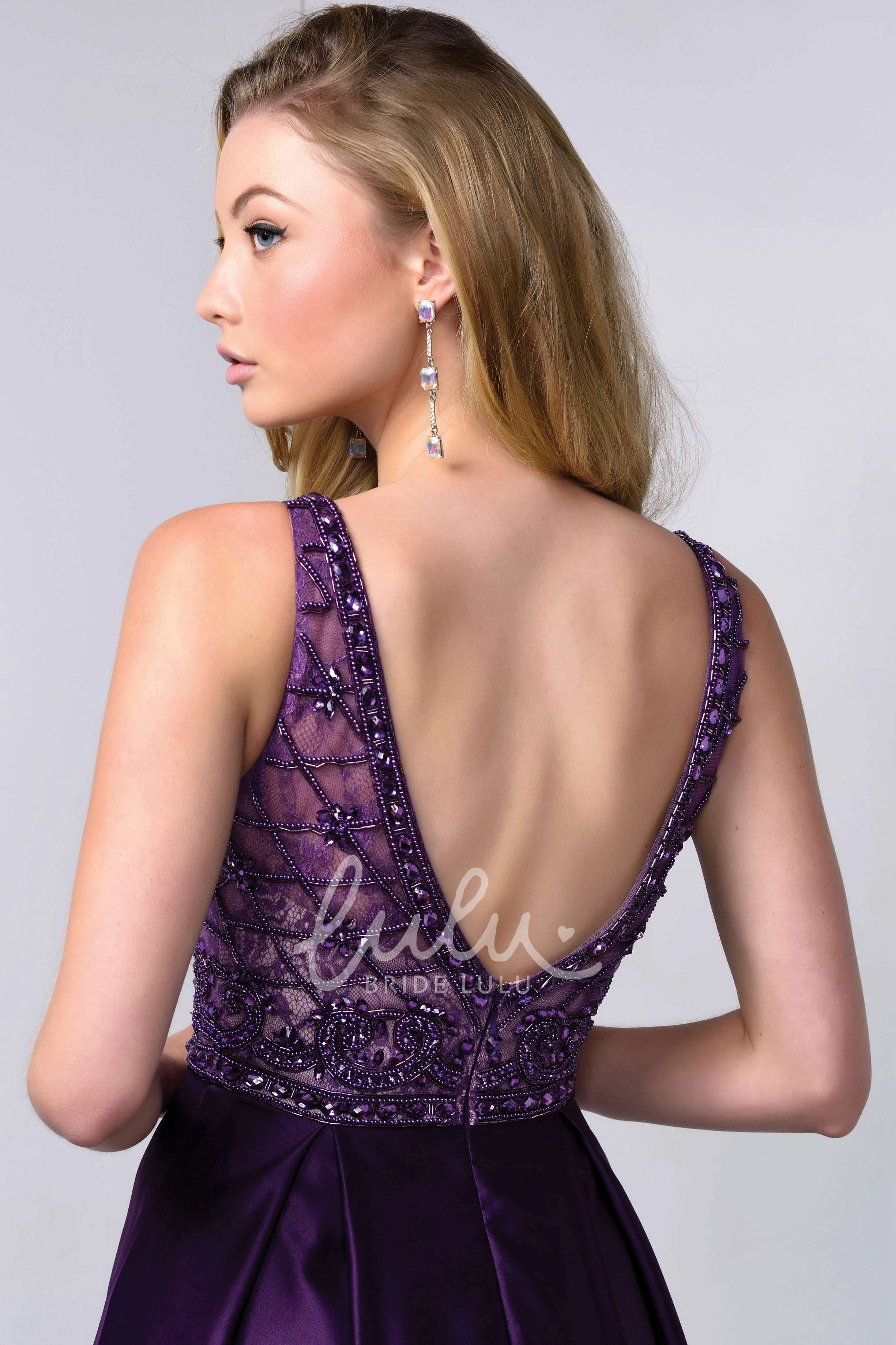 A-Line Satin Bateau Long Dress with Low-V Back and Lace for Prom