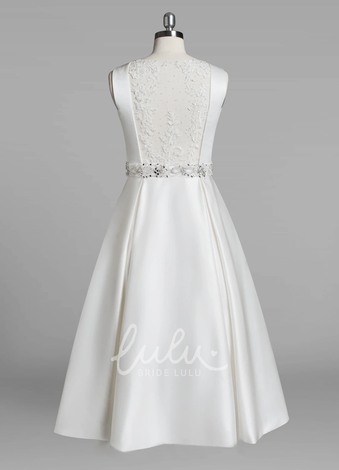 Beaded Satin A-Line Tea-Length Wedding Dress with Jewel Neck
