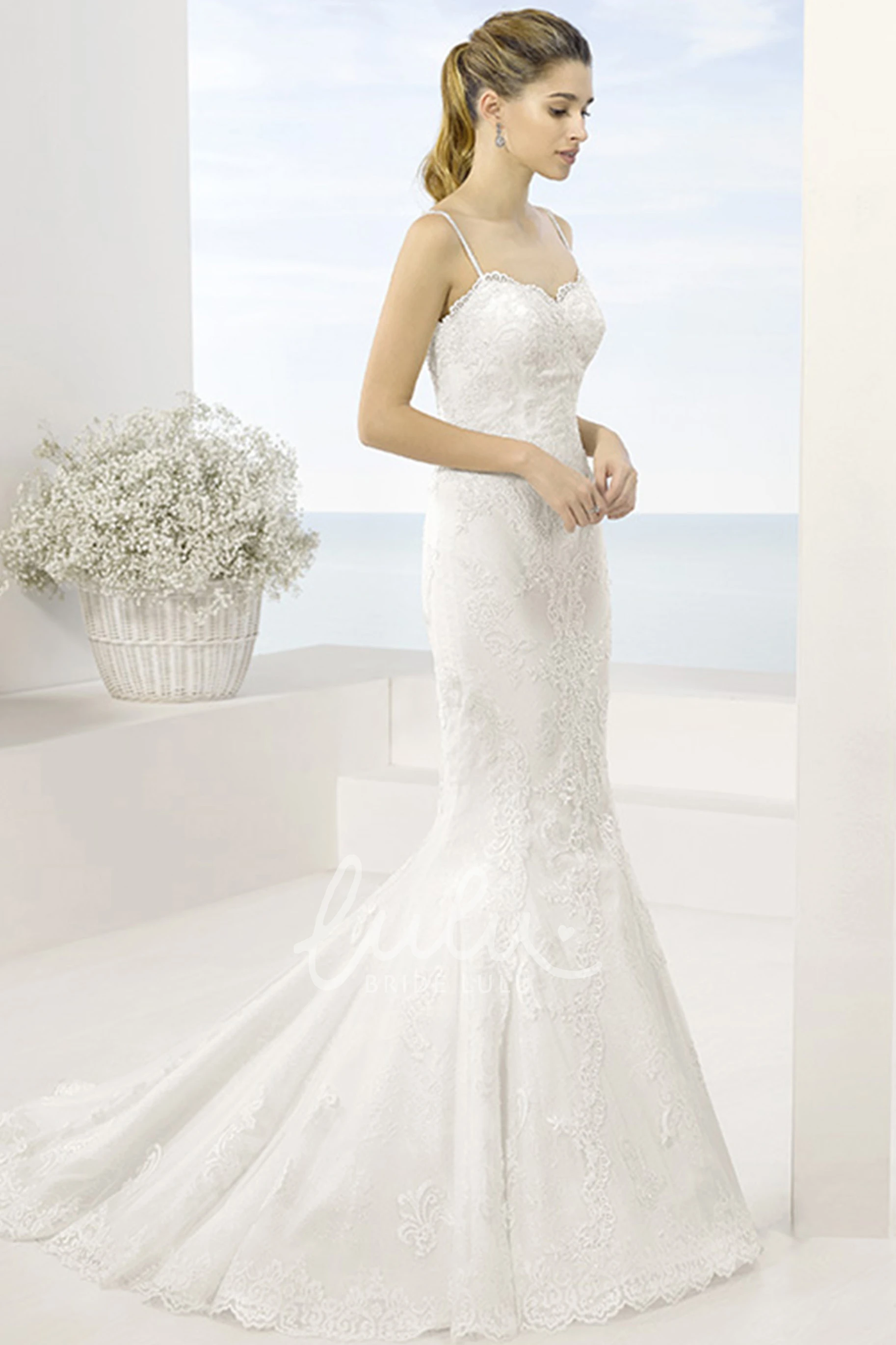 Mermaid Spaghetti Lace Wedding Dress with Court Train and Illusion Back