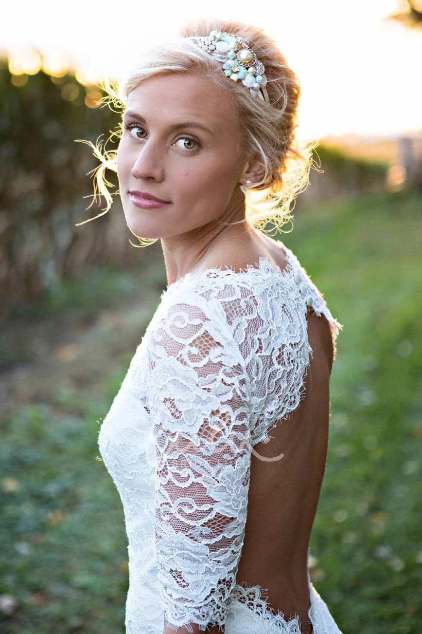 Illusion Sleeve Satin Lace Wedding Dress with Keyhole Modern Satin Lace Wedding Dress