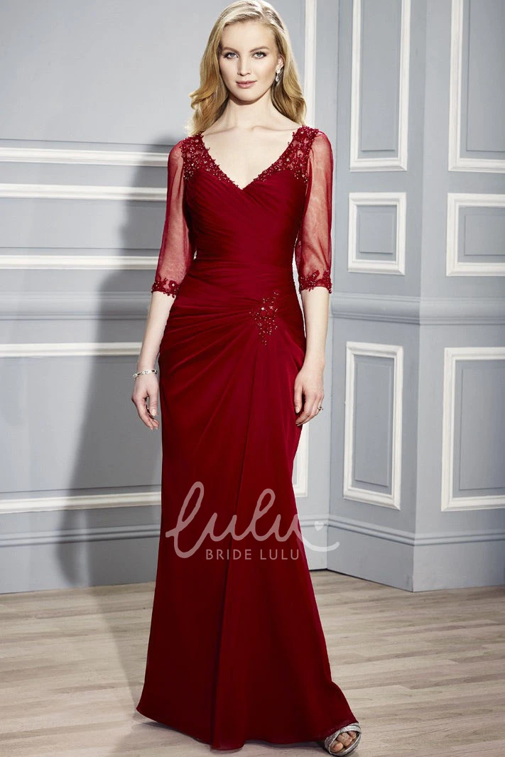 V-Neck Ruched Jersey Formal Dress with Beading and Half Sleeves
