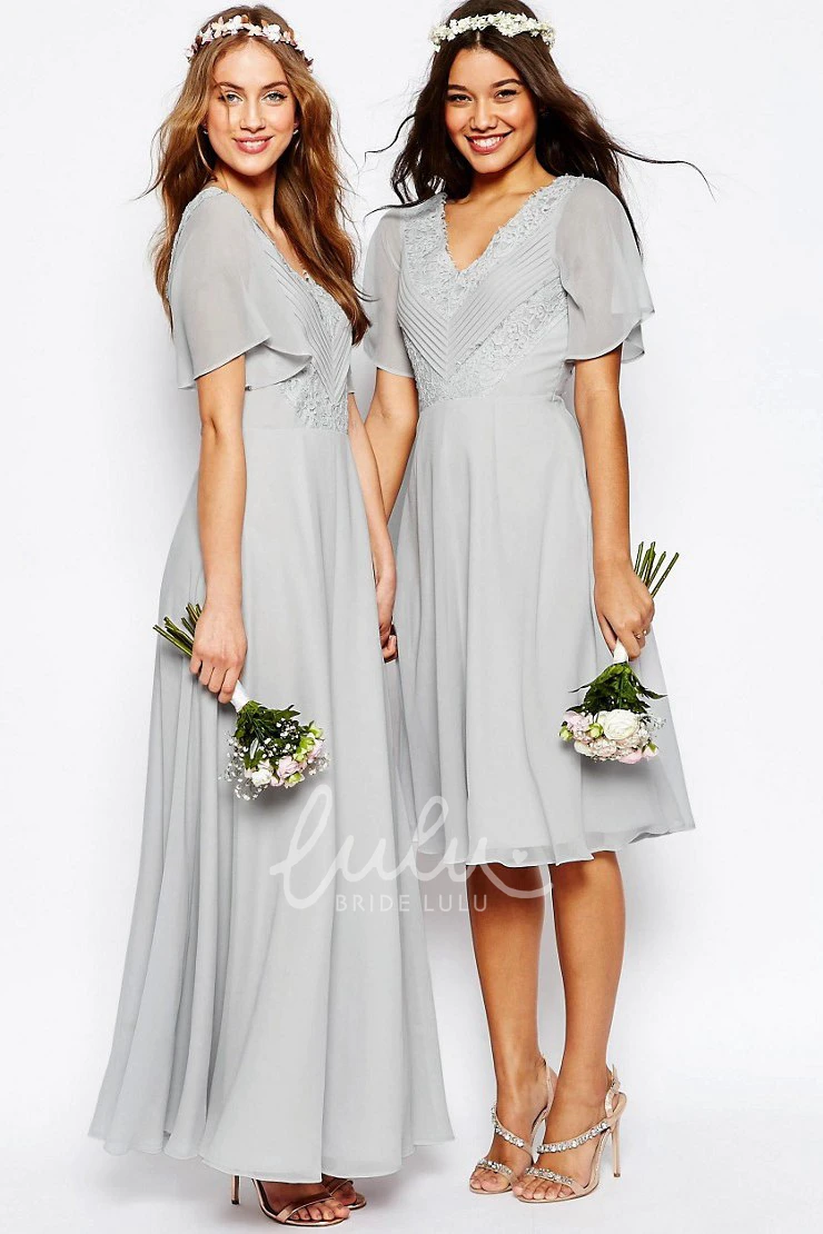 Lace Poet Sleeve V-Neck Chiffon Bridesmaid Dress with Ruching Unique Prom Dress