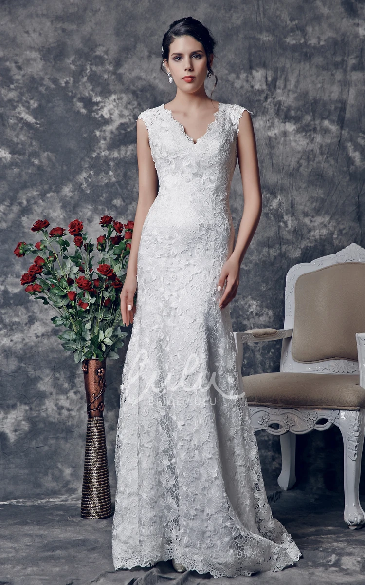 Trumpet Wedding Dress with Vintage-Inspired V-Shaped Back Cutout and Brush Train
