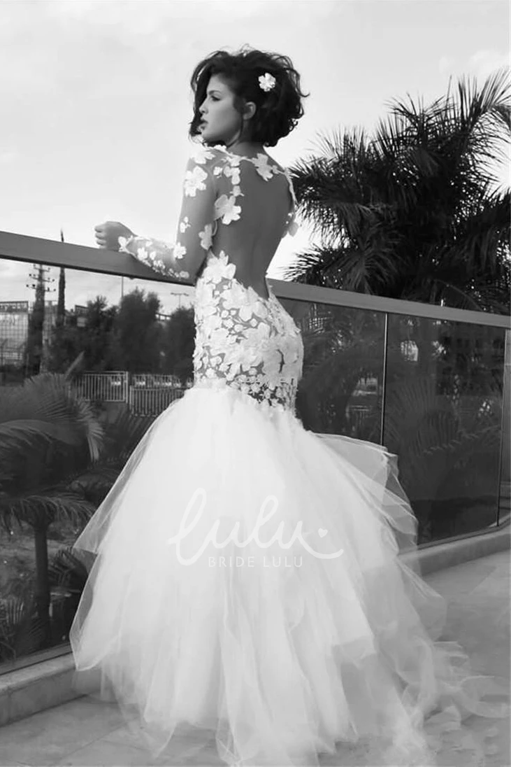 Sexy Beach Floral Mermaid Long Sleeve Boho Lace Wedding Dress Gorgeous Elegant Backless Bridal Gown with Appliques