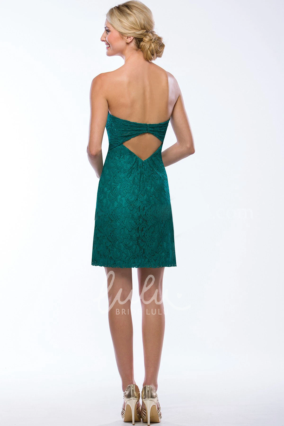 Lace Strapless Bridesmaid Dress with Keyhole Back and Pleats