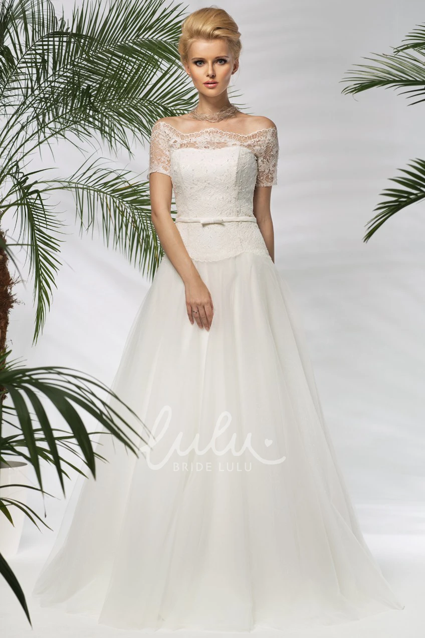 Off-The-Shoulder A-Line Tulle&Lace Wedding Dress Short-Sleeve Floor-Length