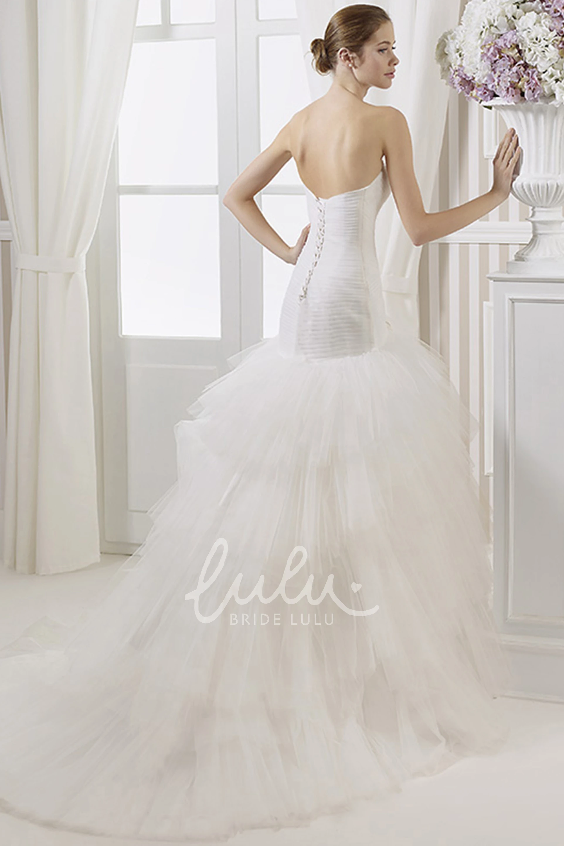 Sweetheart Trumpet Tulle Wedding Dress with Ruching Flowers and Tiers