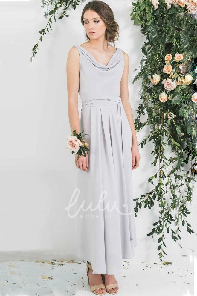 Ankle-Length Sleeveless Chiffon Bridesmaid Dress with Cowl Neck