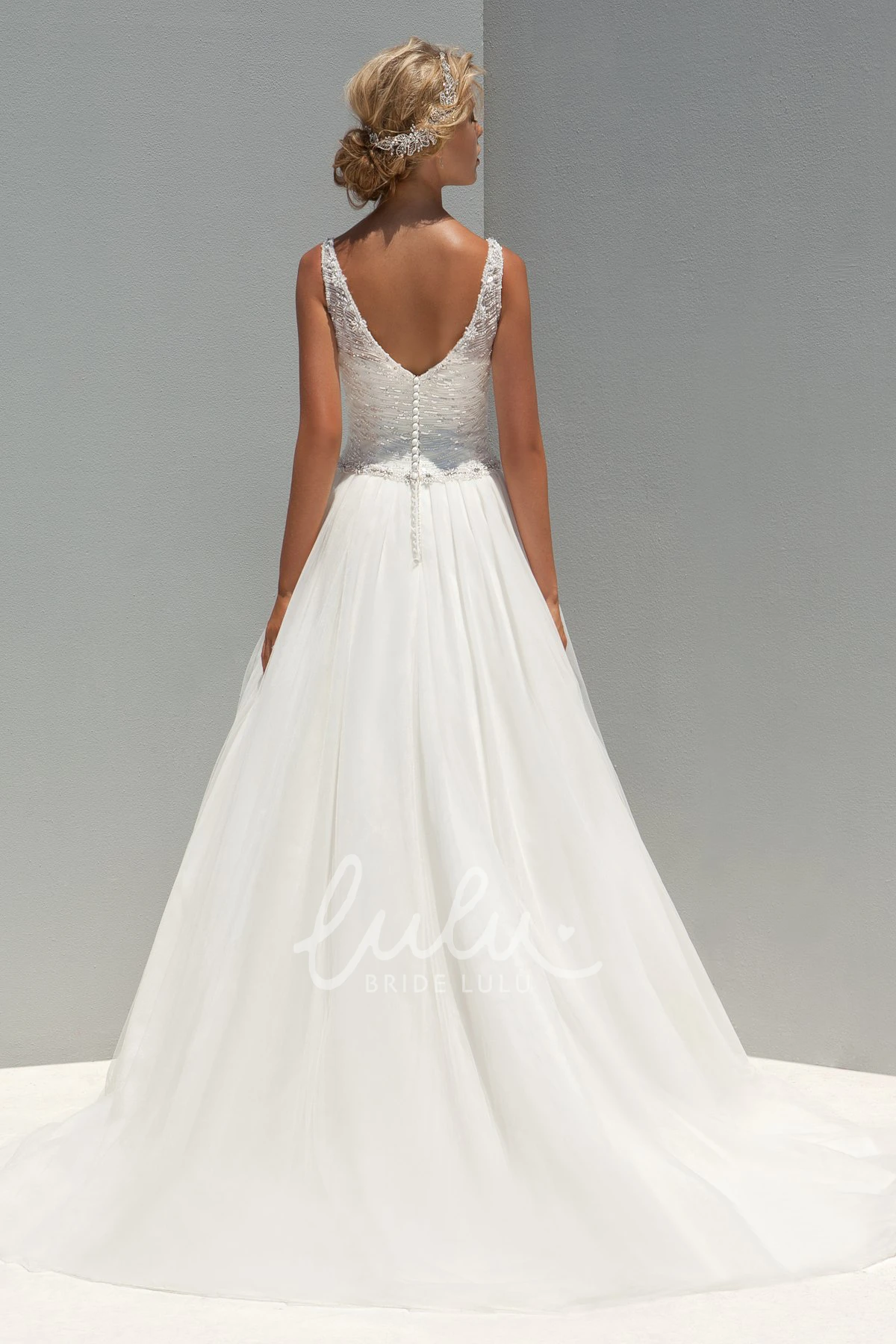 Sequined V-Neck A-Line Wedding Dress with Beading and Ruching