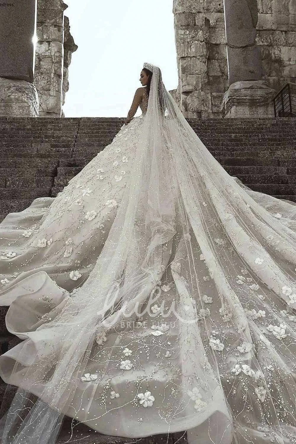 Luxury Bridal Ball Gown Wedding Dress with Appliqued Illusion Long Sleeves and 3D Floral Beading Elegant Wedding Dress