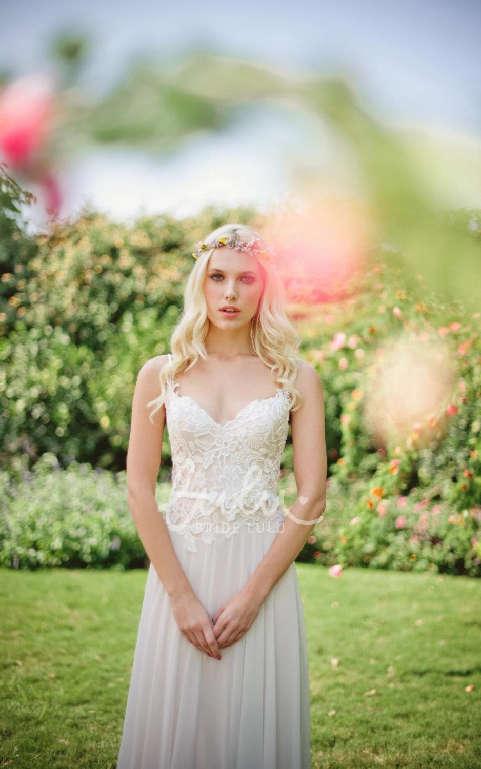 Chiffon Lace Wedding Dress with Beading Flower and Lace-Up Back Boho Bridal Gown