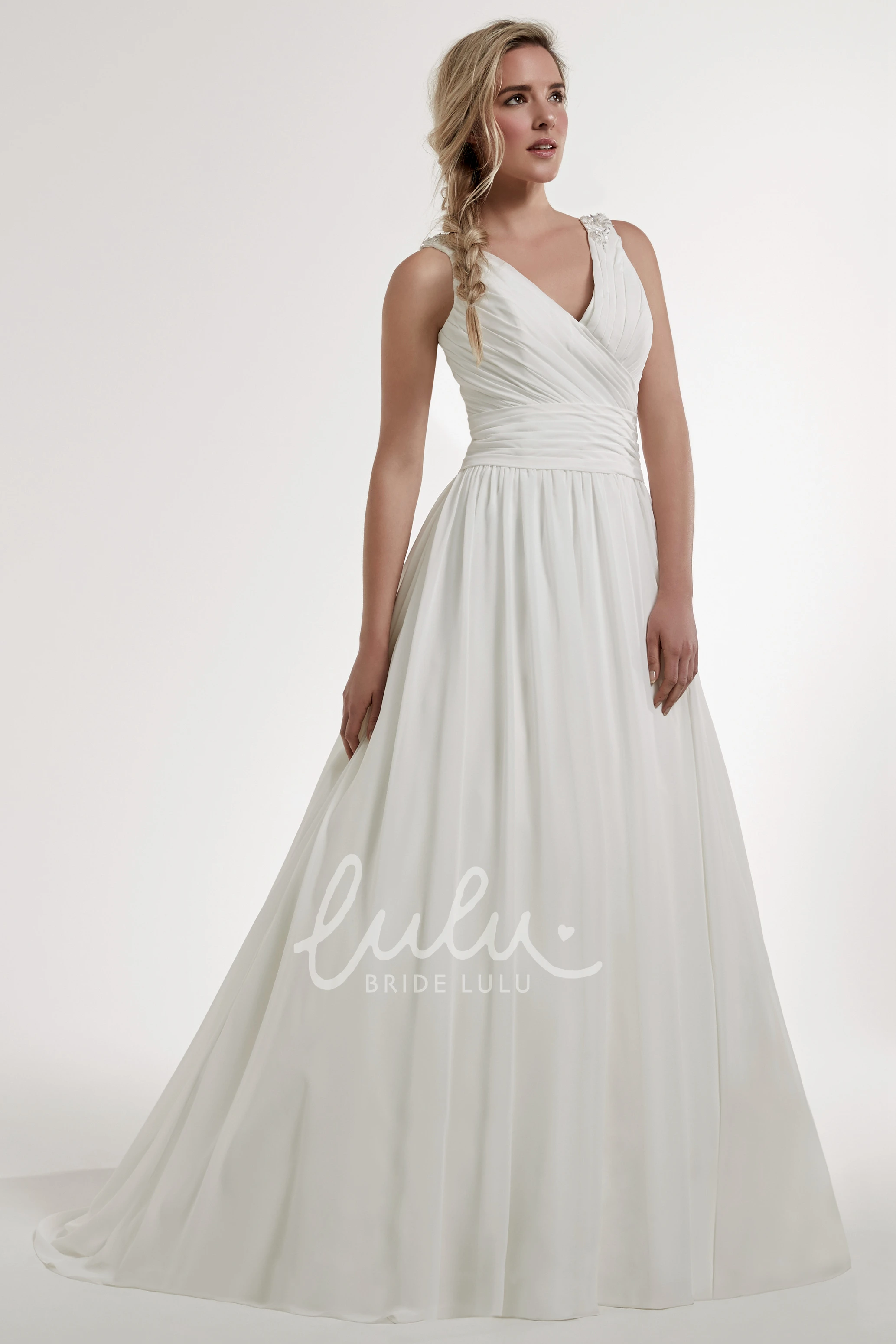 Ruched Chiffon Wedding Dress with Illusion Back V-Neck Sleeveless A-Line