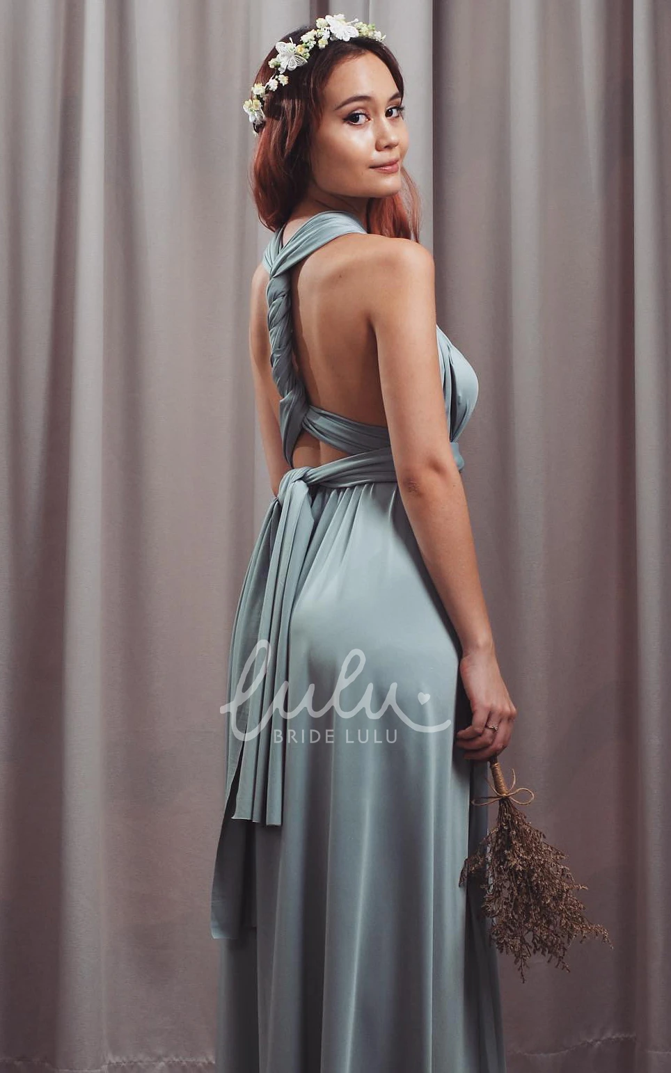 Convertible Halter Neckline A Line Bridesmaid Dress with Open Back and Sash Romantic Jersey