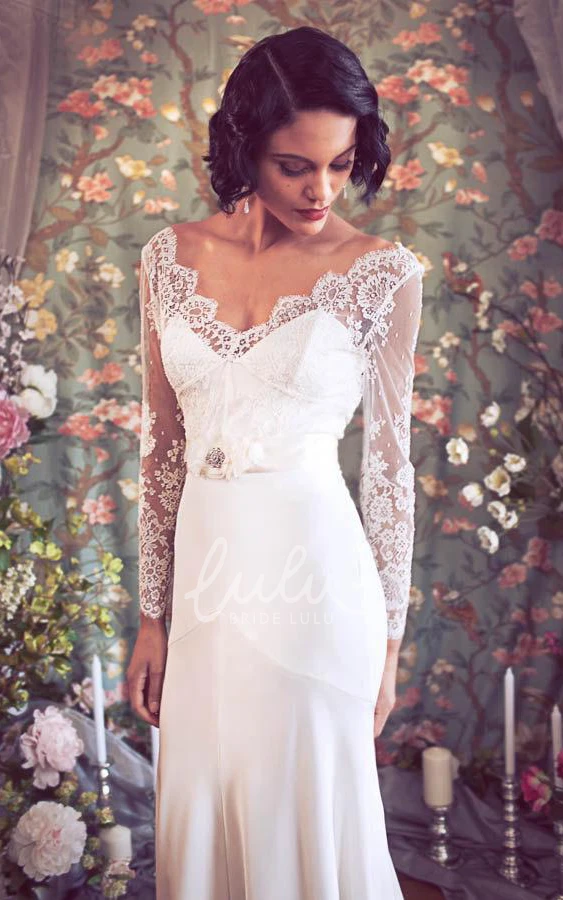 Satin Warm Wedding Dress with Sash and Flower V-Neck Low-V Back Sheath Modern