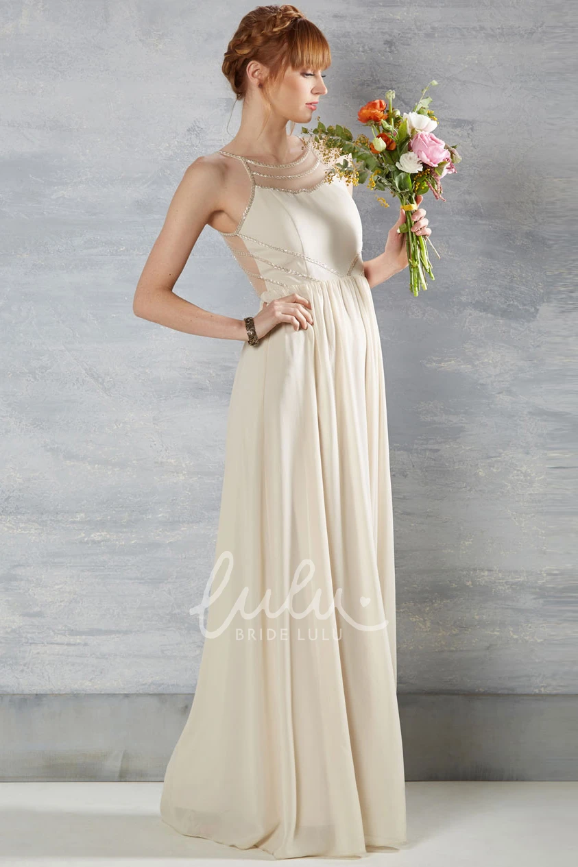 Chiffon Wedding Dress with Beading and Illusion Sleeveless Pleated Scoop Neck