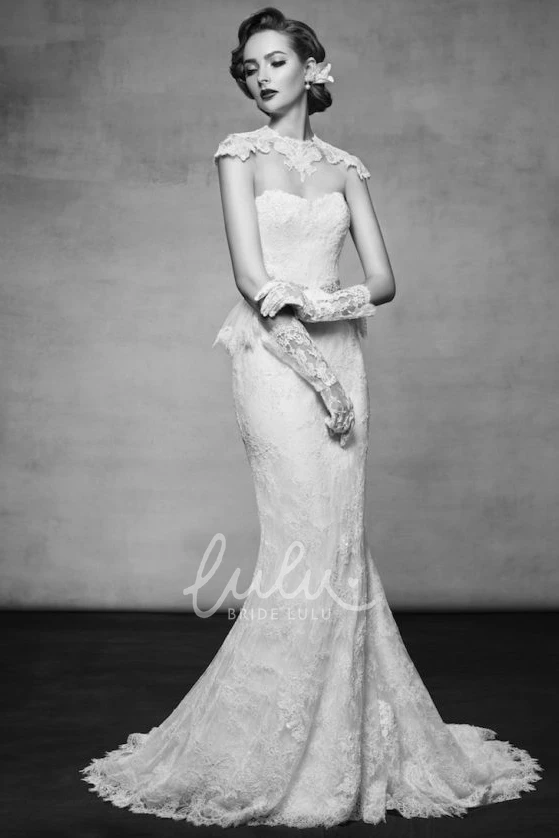 Cap-Sleeve Lace Wedding Dress High Neck Maxi Bridal Gown with Peplum