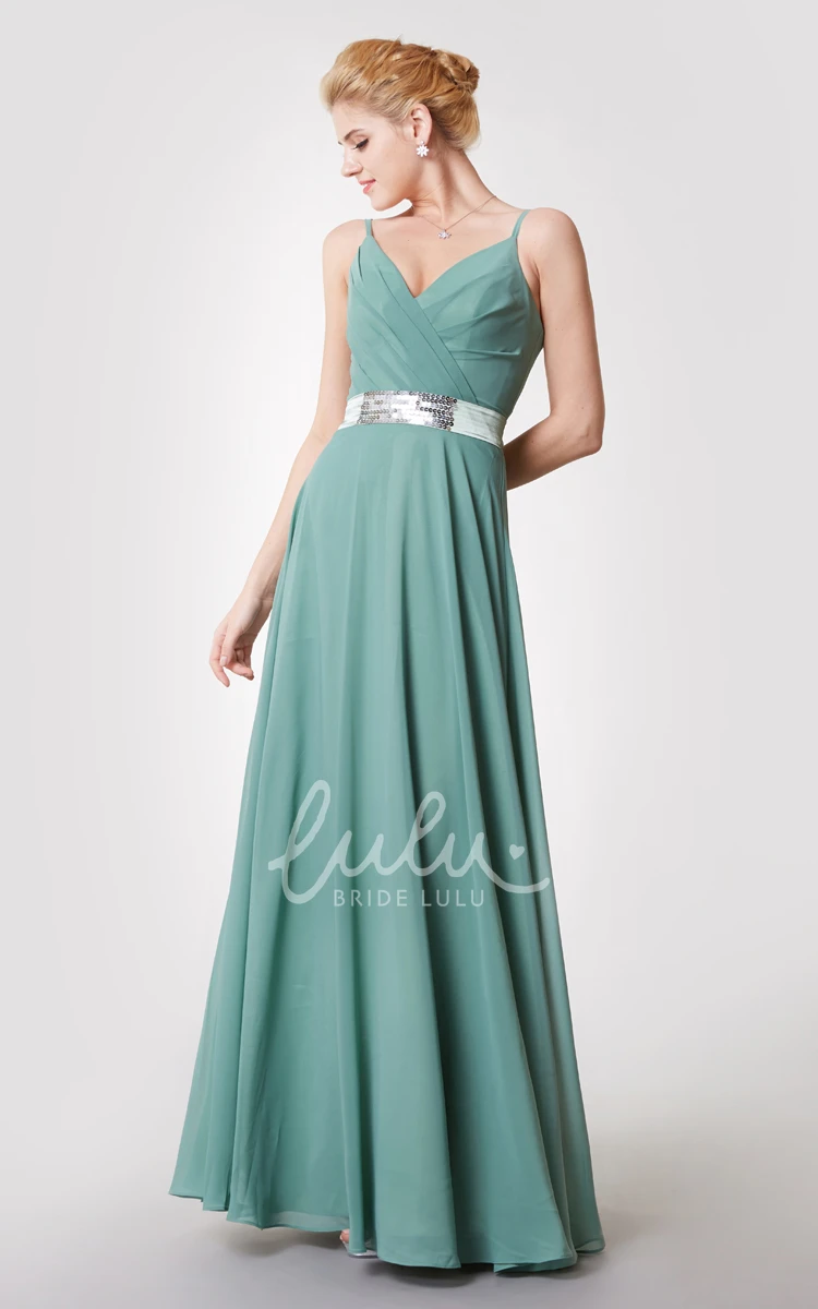V Neck Ruched Chiffon Gown with Beaded Sash Elegant Bridesmaid Dress