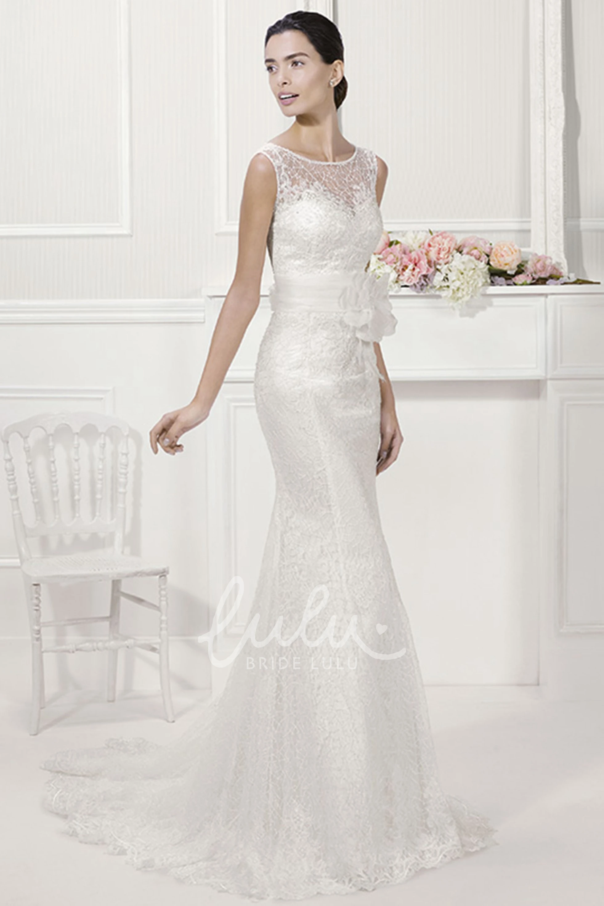 Removable Tulle Skirt Wedding Dress with Floral Lace Sheath