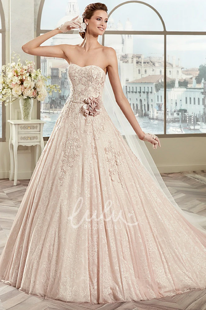 Strapless A-Line Wedding Dress with Floral Waist and Fine Appliques Beautiful Bridal Gown