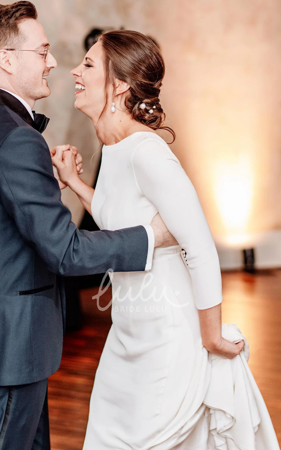 Simple Mermaid Wedding Dress 3/4 Length Sleeve Satin Gown with Split Front and Sweep Train