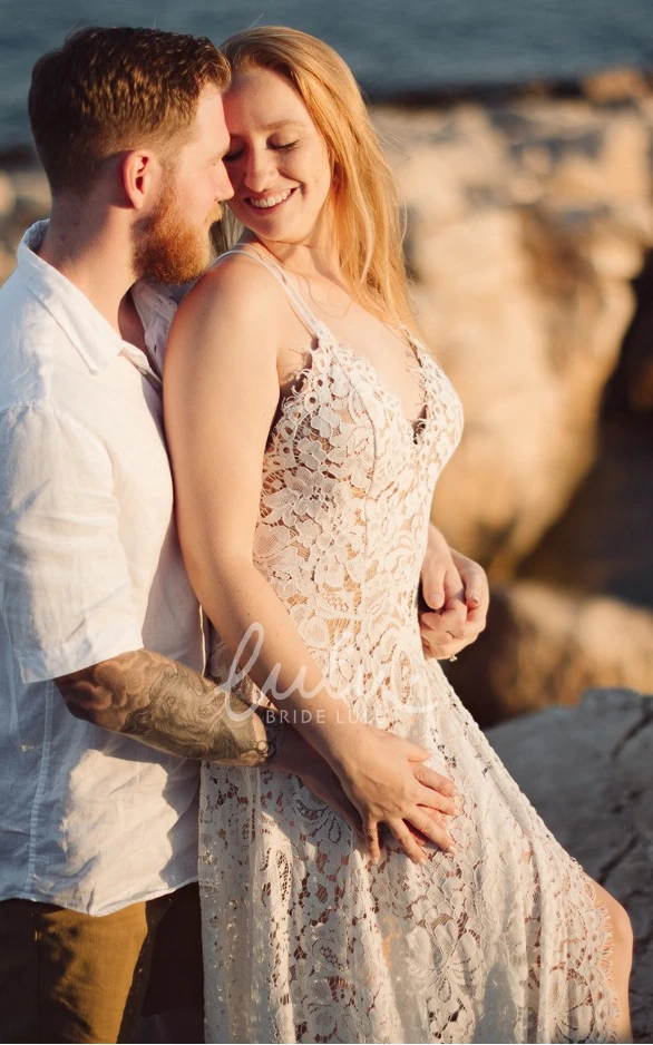 Casual Beach Garden Spaghetti V-neck Lace A-line Wedding Dress with Split Front Boho Wedding Dress