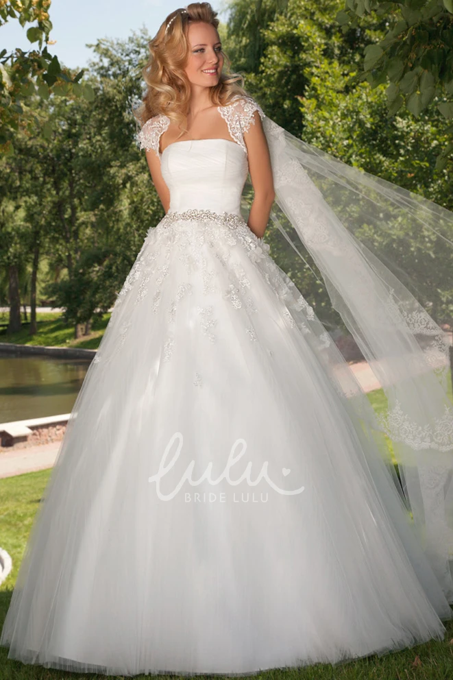 Jeweled Tulle A-Line Wedding Dress with Ruching and Cape Elegant Bridal Gown
