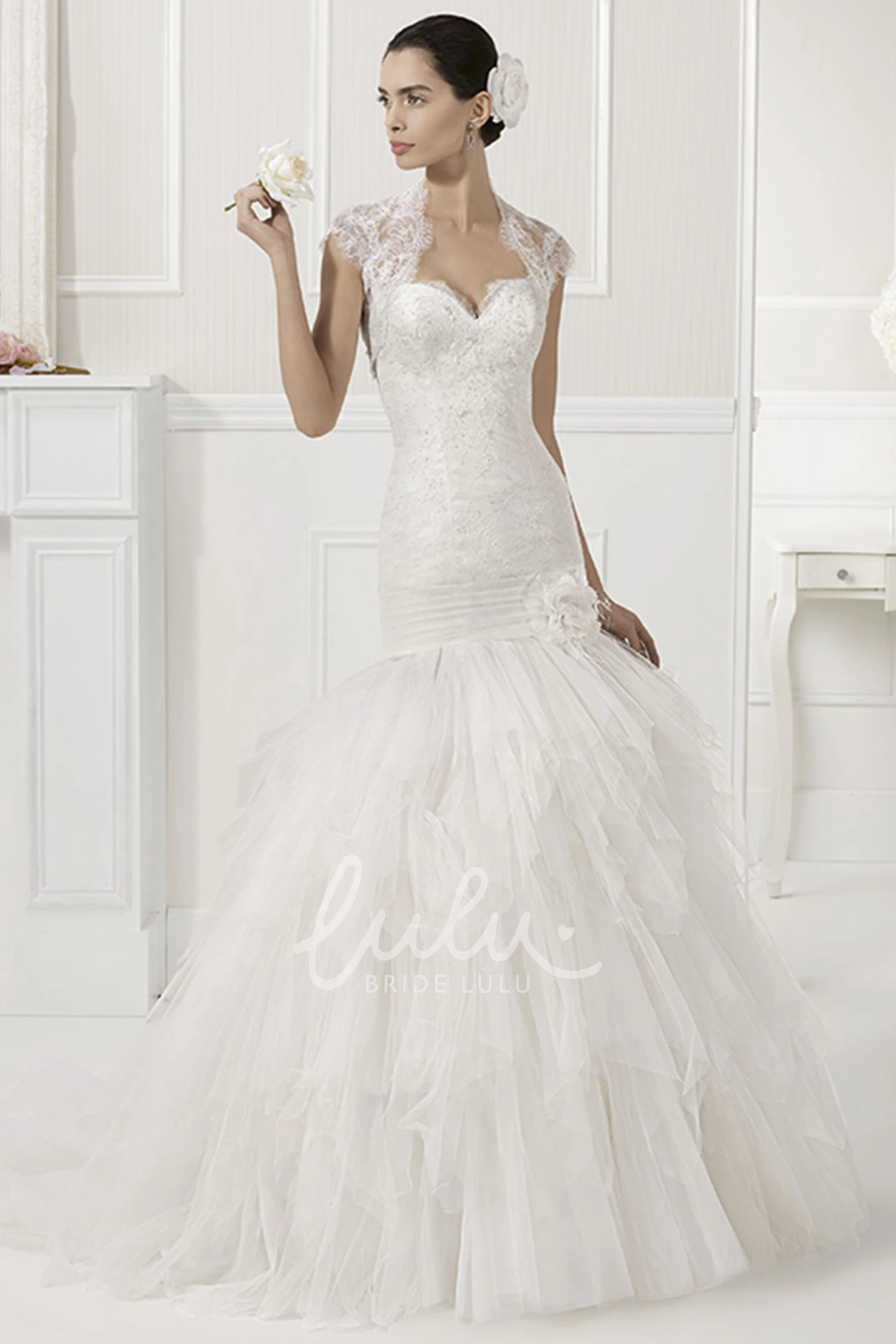 Tiered Tulle Mermaid Wedding Dress with Sweetheart Neckline Removable Lace Cap Sleeves and Train
