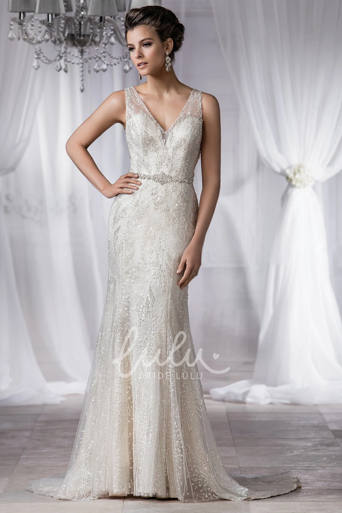Deep V-Back Beaded Sleeveless Mermaid Wedding Dress
