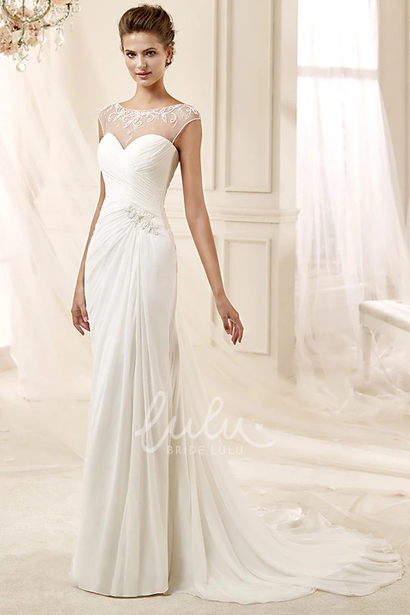 Illusive Neckline Chiffon Wedding Dress with Cap Sleeves and Bandage Waist