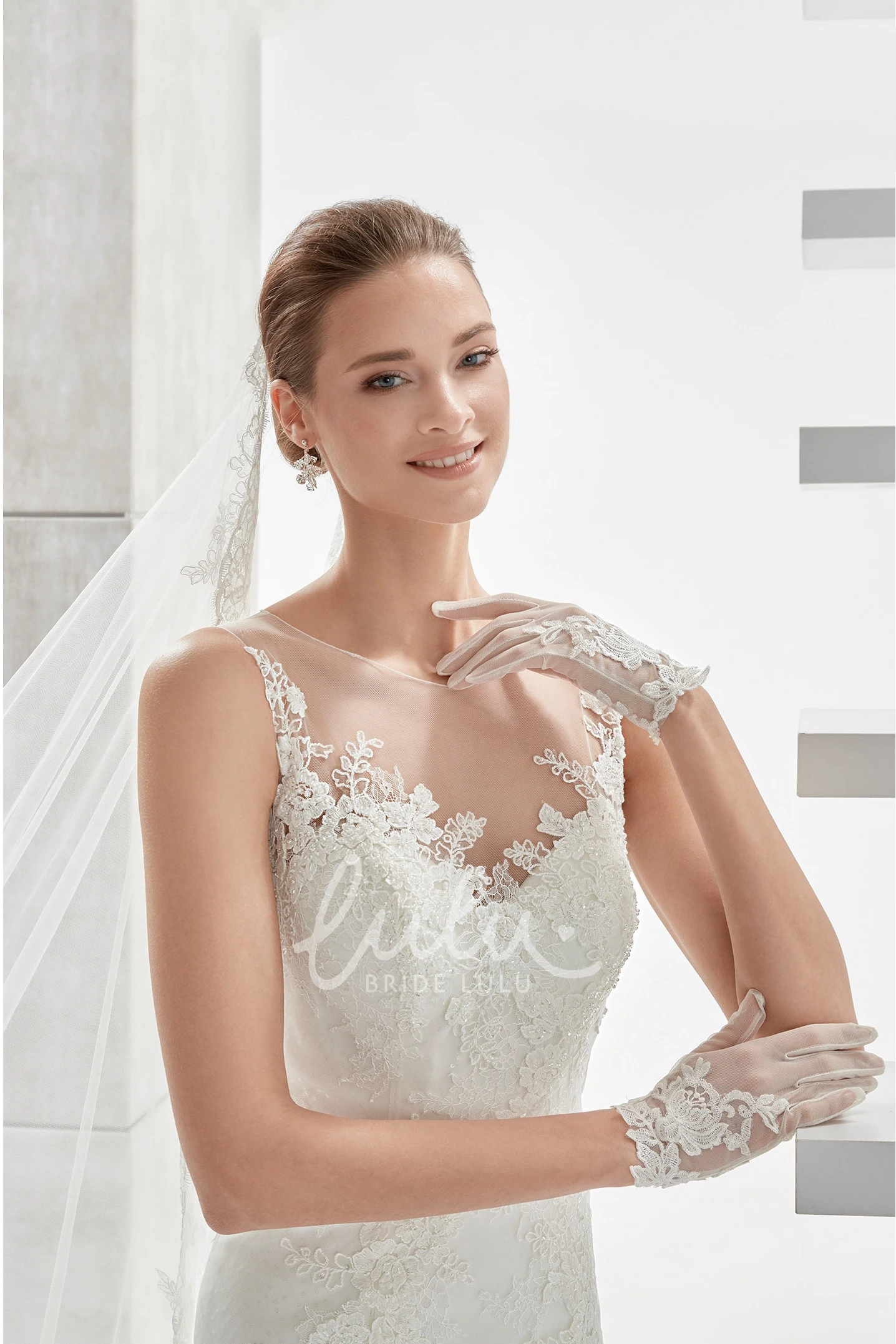 Cap-Sleeve Jewel-Neck Wedding Dress with Illusive Design and Appliques