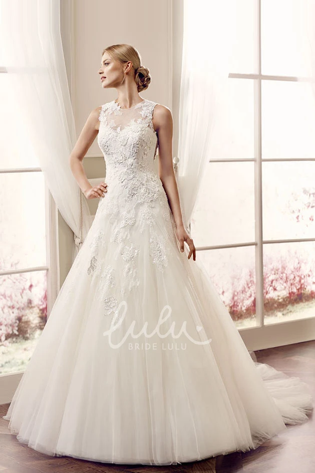Sleeveless Jewel Lace&Tulle Ball-Gown Wedding Dress with Illusion Back and Appliques Classic Bridal Gown