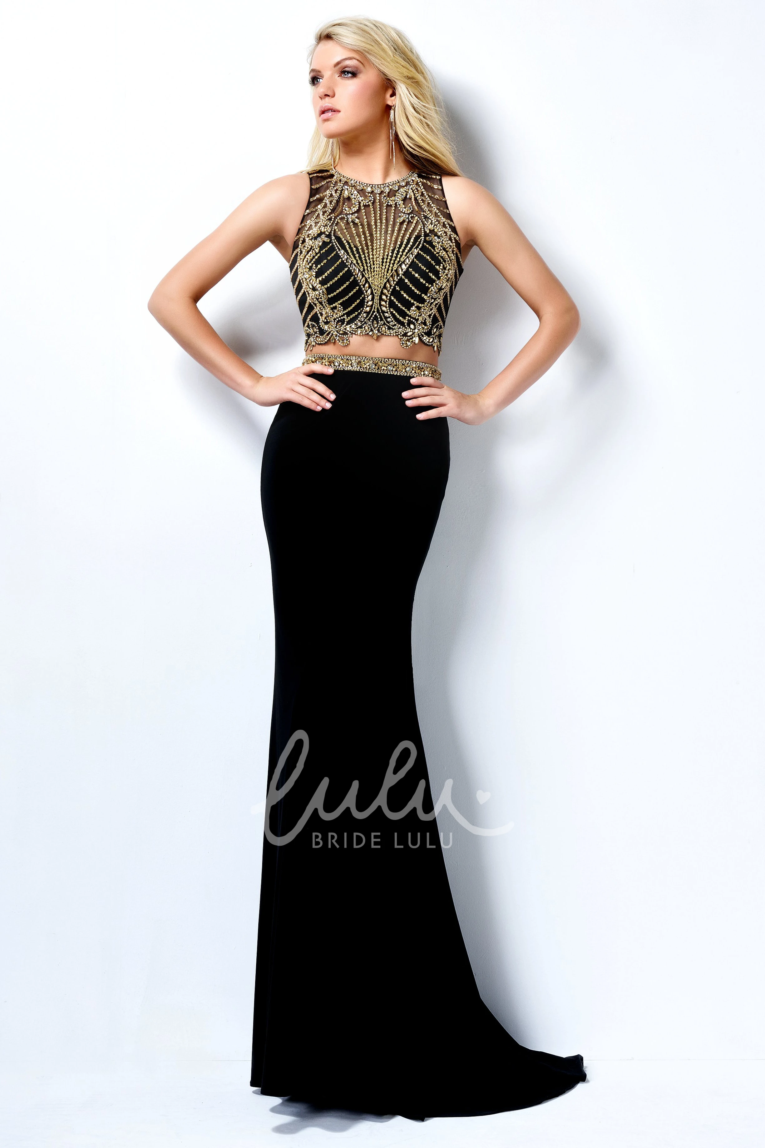 Two-Piece Sheath Jewel-Neck Sleeveless Jersey Dress With Beading