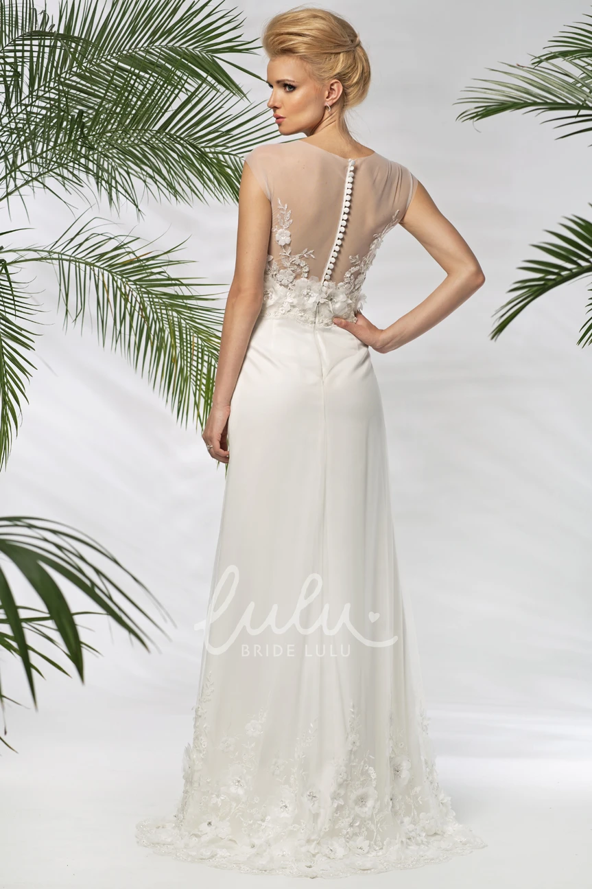Floral Tulle Wedding Dress with Embroidery Sheath Maxi Cap-Sleeve Elegant
