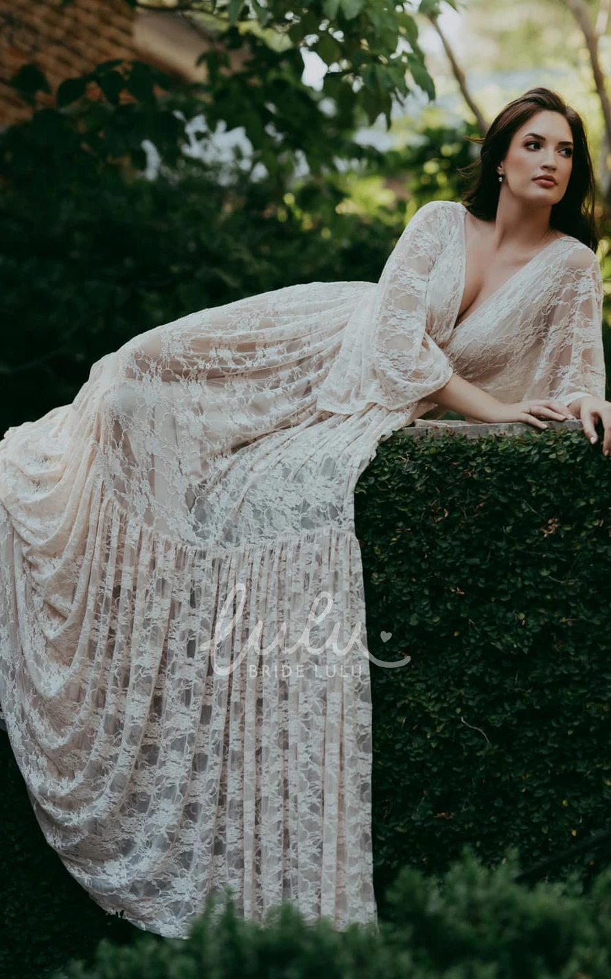 Sexy Lace Plunging Neckline Wedding Dress A-Line Open Back Beach Bridal Gown