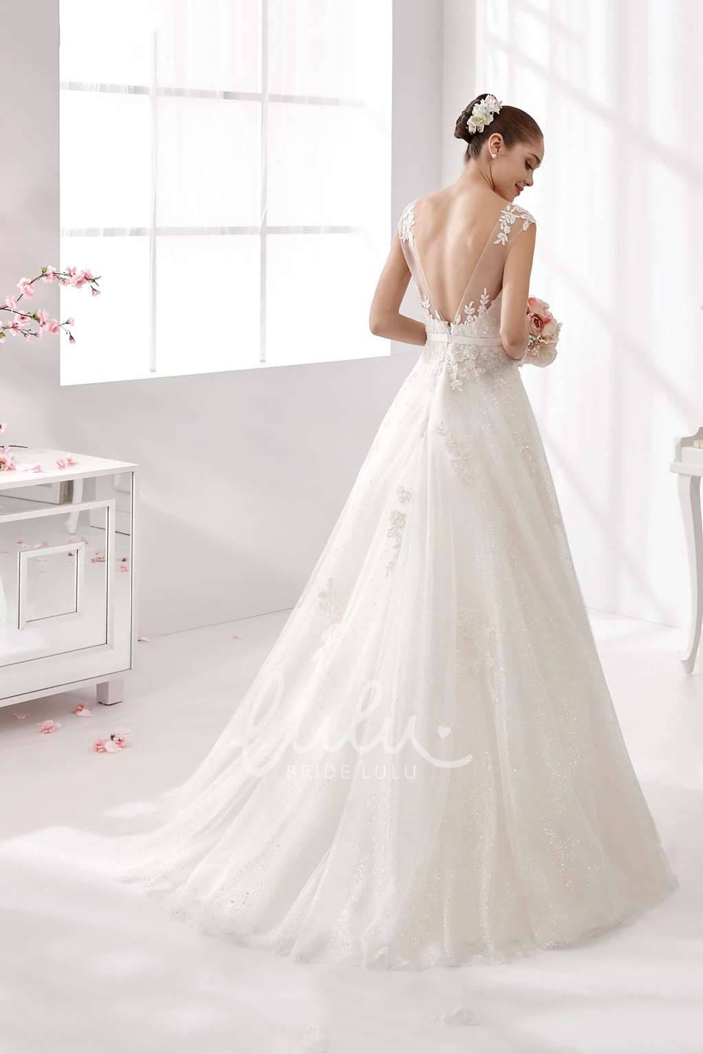 Illusive Neckline A-line Wedding Gown Jewel-Neck and Open Back
