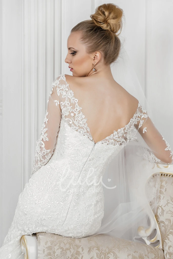 V-Neck Lace Wedding Dress with Court Train and 3/4 Sleeves Mermaid Bridal Gown