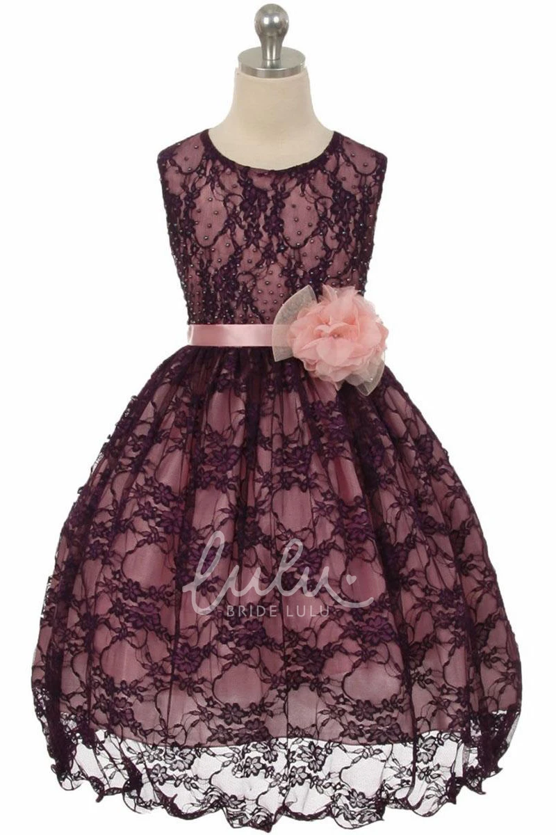 Tea-Length Lace and Satin Flower Girl Dress with Beaded Floral Design and Sash