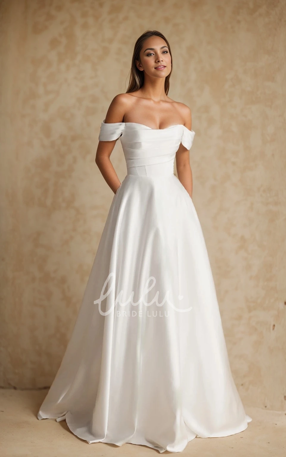 Modern Simple A-Line Off the Shoulder Beach Garden Wedding Dress Modest Elegant Ruched Floor Length Court Train Bridal Gown