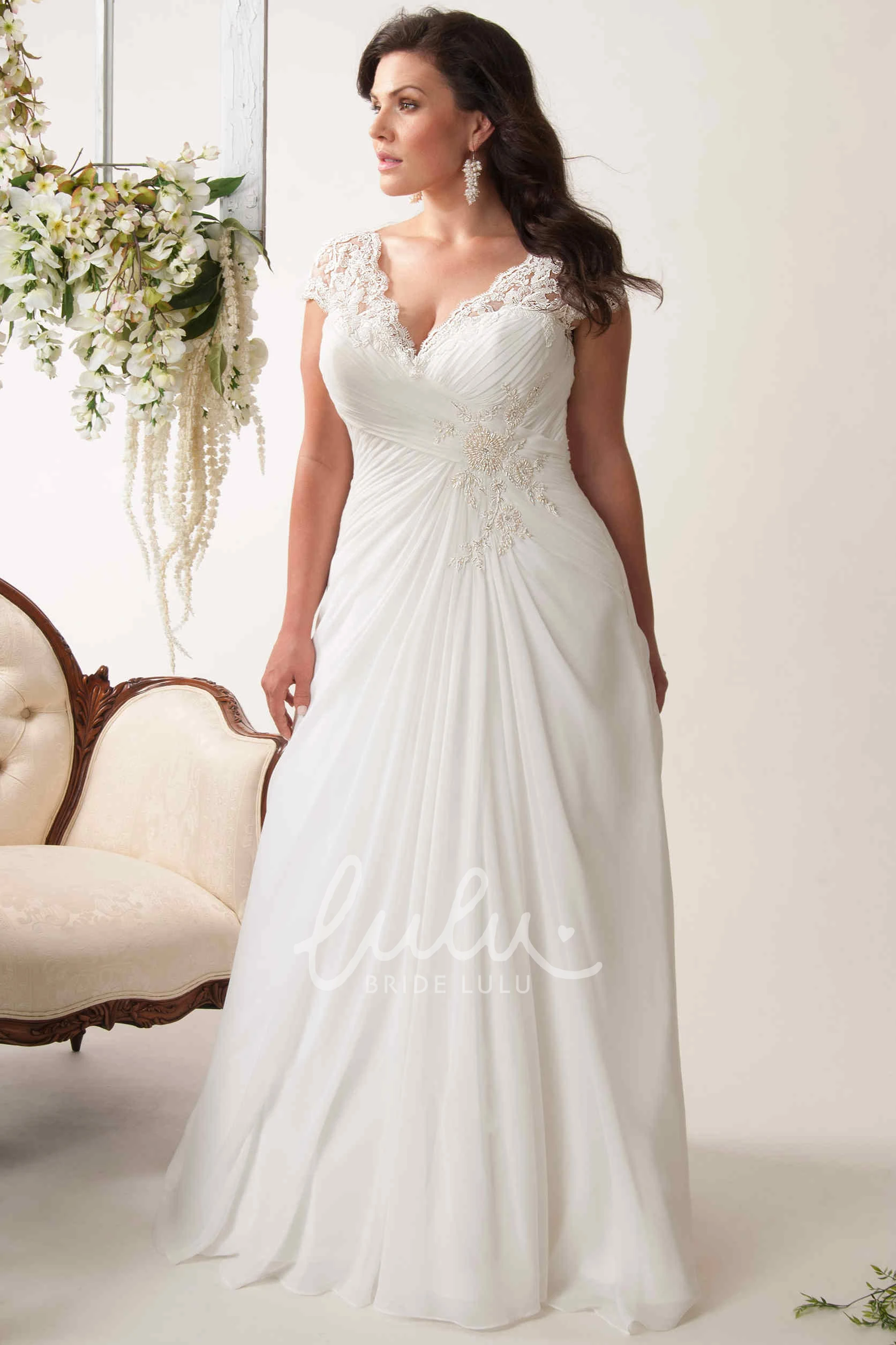 Chiffon Cap-Sleeve V-Neck Plus Size Wedding Dress with Ruching and Keyhole Flowy Wedding Dress