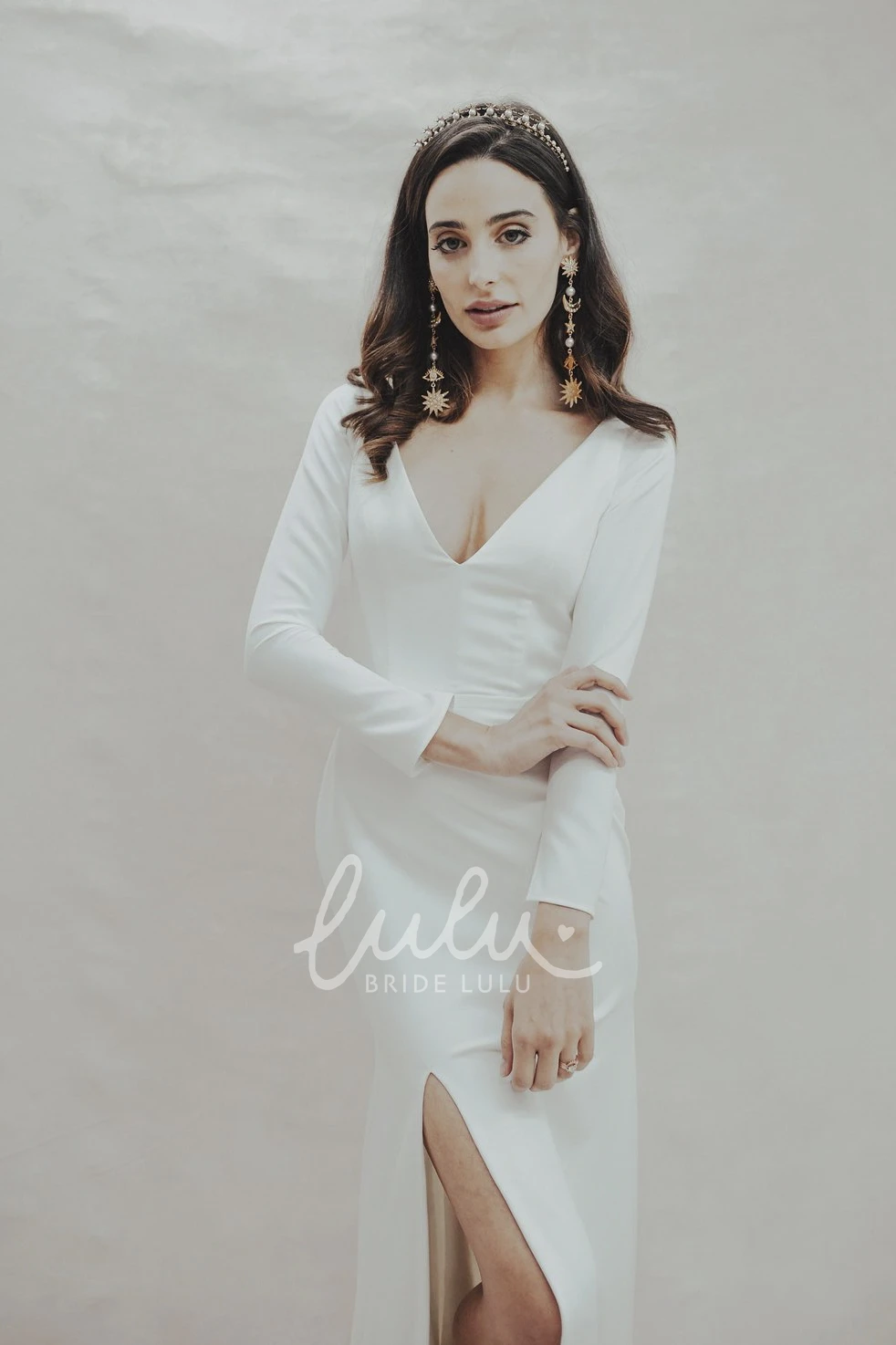 Satin Split Front Wedding Gown with Keyhole and V-Neck Deep V-Neck Wedding Dress