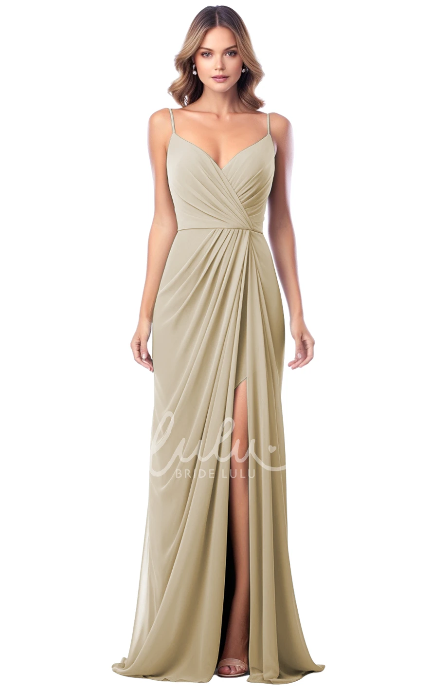 A-Line Satin V-neck Bridesmaid Dress with Split Front Simple & Elegant