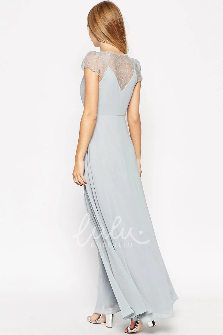 V-Neck Cap Sleeve Ruched Chiffon Bridesmaid Dress Sheath Floor-Length