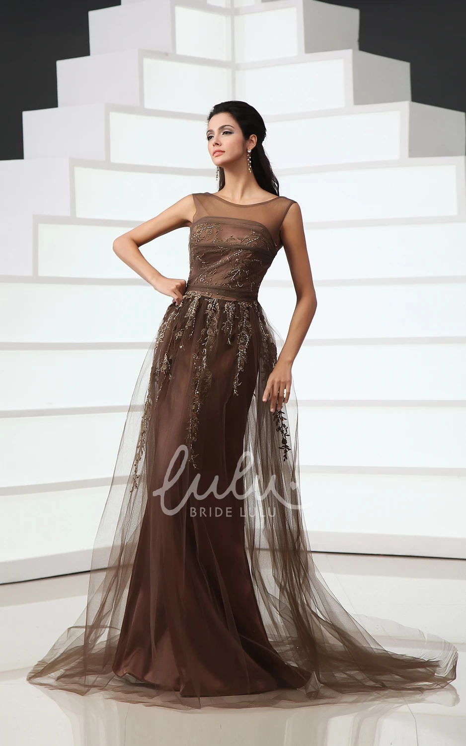 Tulle Cap-Sleeved A-Line Backless Gown With Sequins And Embroidery