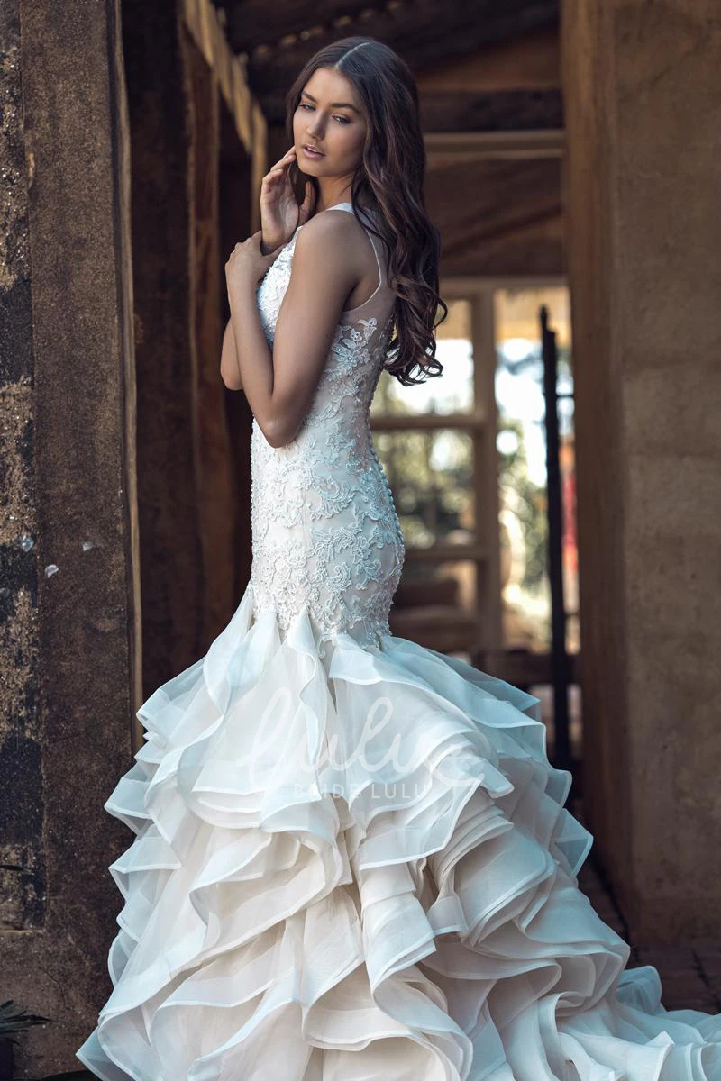 Scoop Appliqued Lace Wedding Dress with Court Train and Illusion Classy Lace Wedding Dress