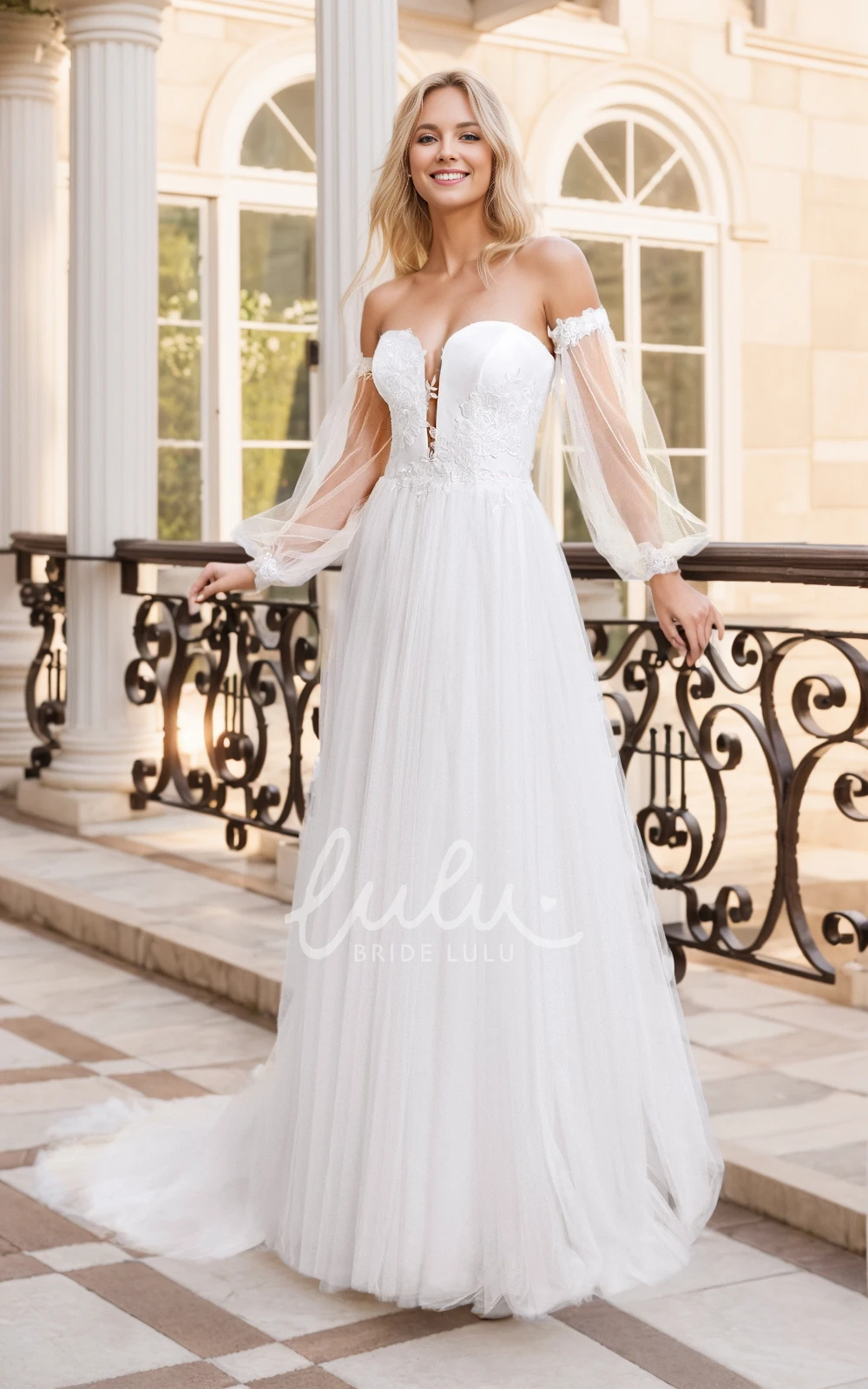 Ethereal Floral A-Line Bohemian Lace off the Shoulder Wedding Dress Romantic Chic Beach Garden Notch V-Neck Puff Sleeve Button Back Floor Length Bridal Gown