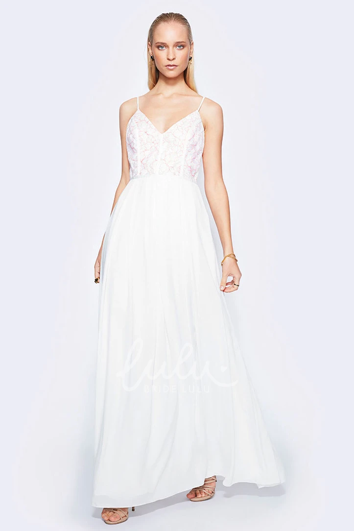 V-Back Spaghetti Lace Chiffon Wedding Dress in Ankle-Length