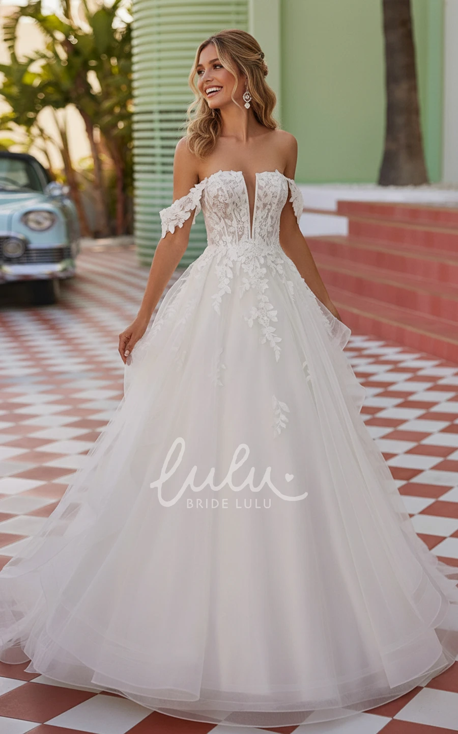 Lace Applique Wedding Dress A-Line Off Shoulder Illusion Plunge Neck Tulle Bridal Gown Elegant Court Train