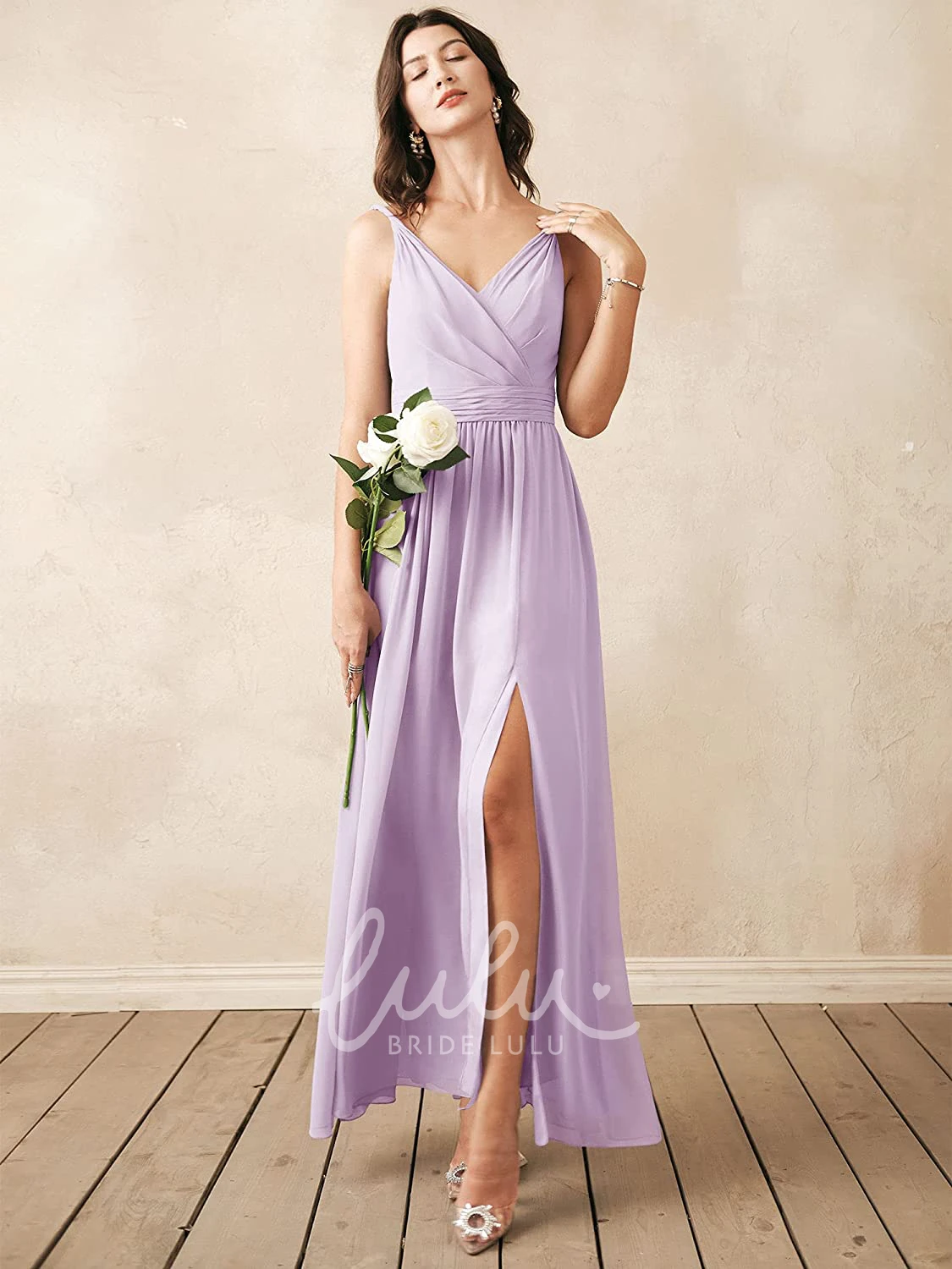 Sleeveless V-neck Chiffon A-line Bridesmaid Dress with Ruching Elegant