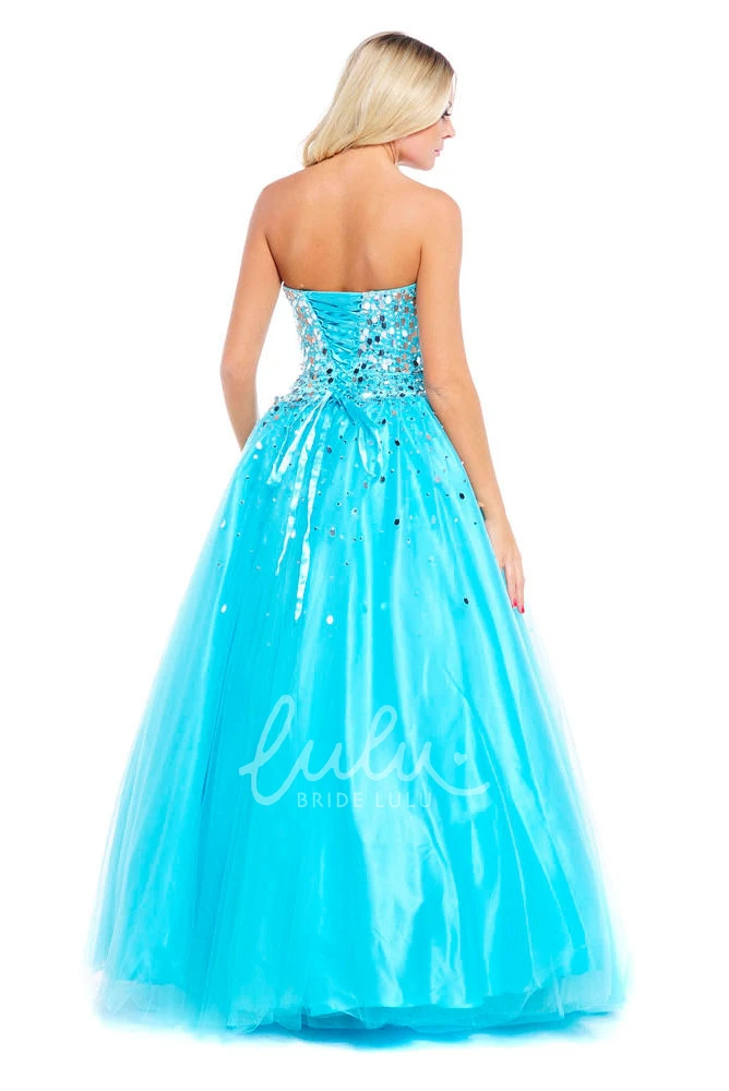 Sequined A-Line Strapless Tulle&Satin Prom Dress Sleeveless Floor Length